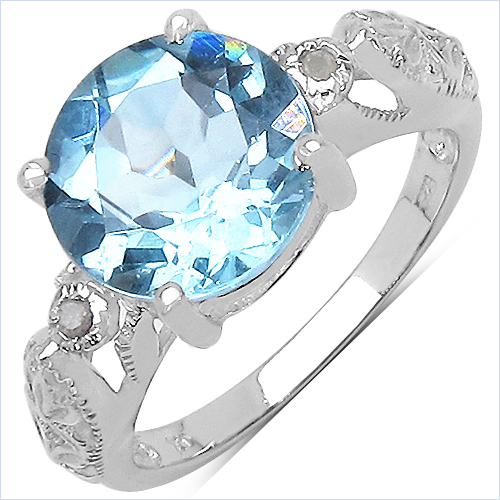 Rings-4.52 Carat Genuine Blue Topaz & White Diamond .925 Sterling Silver Ring