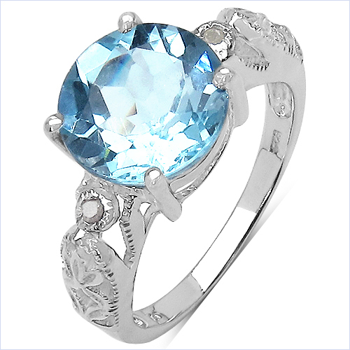 4.52 Carat Genuine Blue Topaz & White Diamond .925 Sterling Silver Ring