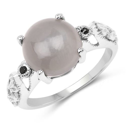 Rings-3.97 Carat Genuine Grey Moonstone and Black Spinel .925 Sterling Silver Ring