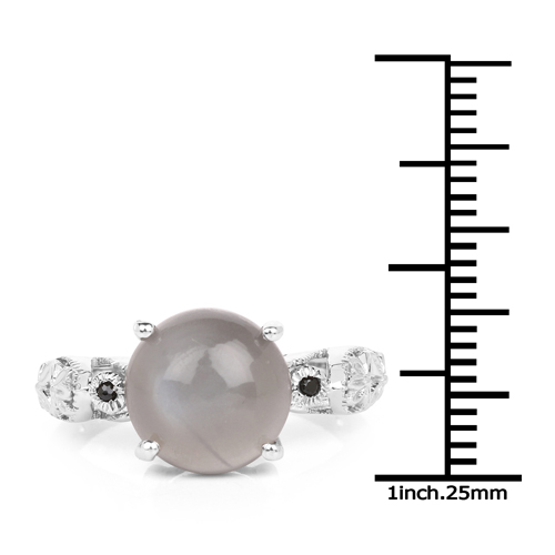 3.97 Carat Genuine Grey Moonstone and Black Spinel .925 Sterling Silver Ring