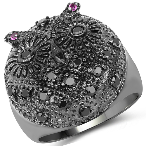 Rings-0.72 Carat Black Spinel and Created Ruby .925 Sterling Silver Ring