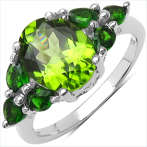 3.40 Carat Genuine Peridot & Chrome Diopside .925 Sterling Silver Ring