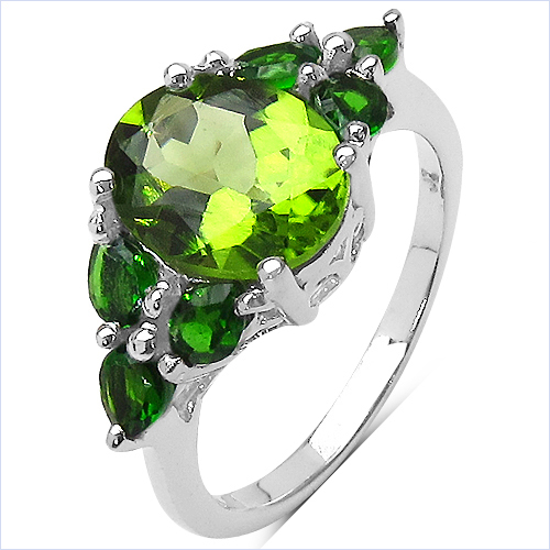3.40 Carat Genuine Peridot & Chrome Diopside .925 Sterling Silver Ring