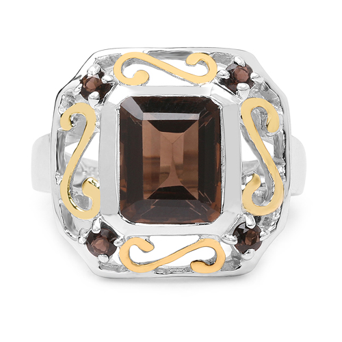 Two Tone Plated 3.33 Carat Genuine Smoky Quartz .925 Sterling Silver Ring
