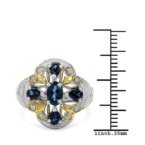Two Tone Plated 1.45 Carat Genuine London Blue Topaz .925 Sterling Silver Ring