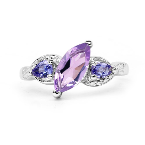1.28 Carat Genuine Amethyst and Tanzanite .925 Sterling Silver Ring