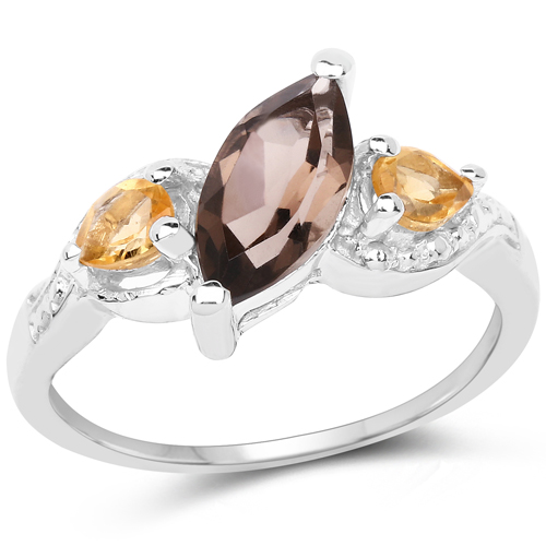 Rings-1.20 Carat Genuine Smoky Quartz and Citrine .925 Sterling Silver Ring
