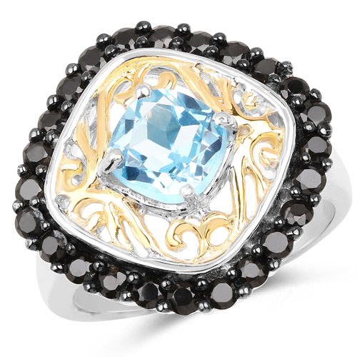 Rings-Two Tone Plated 2.85 Carat Genuine Swiss Blue Topaz and Black Spinel .925 Sterling Silver Ring