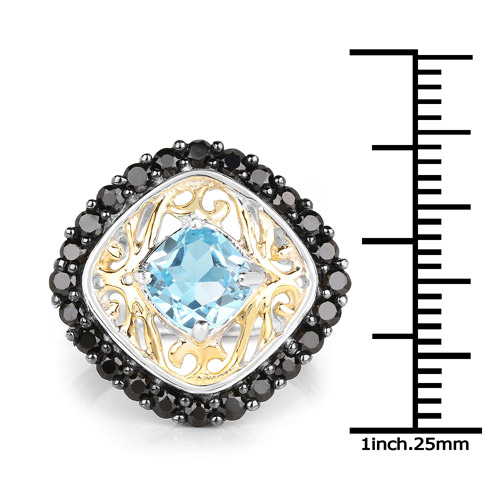 Two Tone Plated 2.85 Carat Genuine Swiss Blue Topaz and Black Spinel .925 Sterling Silver Ring
