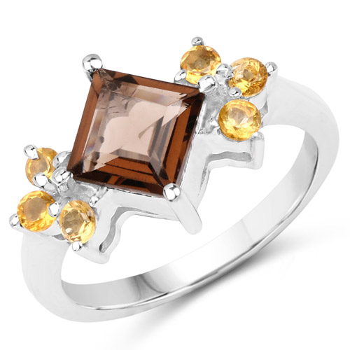 Rings-1.90 Carat Genuine Smoky Quartz and Citrine .925 Sterling Silver Ring