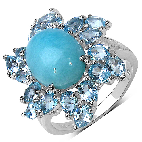 Rings-6.24 Carat Genuine Larimar & Blue Topaz .925 Sterling Silver Ring