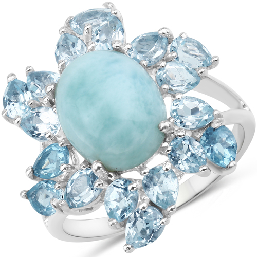 Rings-6.94 Carat Genuine Larimar and Blue Topaz .925 Sterling Silver Ring