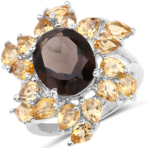 Rings-5.87 Carat Genuine Smoky Quartz and Citrine .925 Sterling Silver Ring