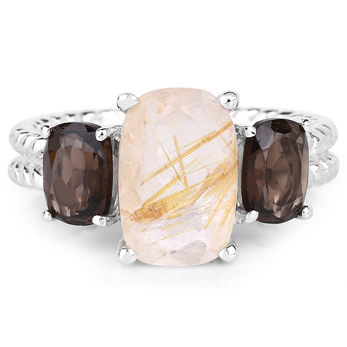 5.75 Carat Genuine Golden Rutile and Smoky Quartz .925 Sterling Silver Ring