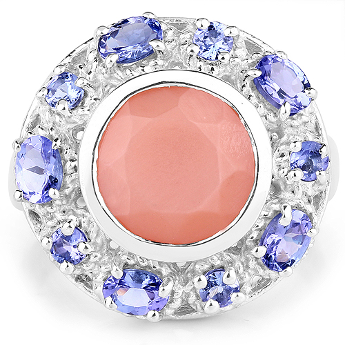 4.50 Carat Genuine Peach Moonstone and Tanzanite .925 Sterling Silver Ring