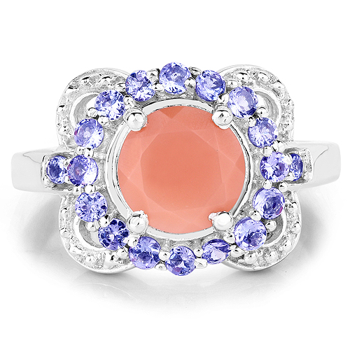 2.87 Carat Genuine Peach Moonstone and Tanzanite .925 Sterling Silver Ring