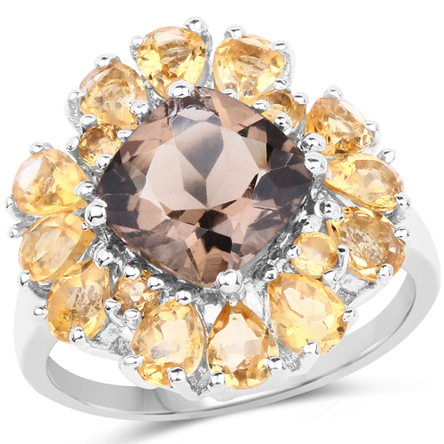 Rings-3.74 Carat Genuine Smoky Quartz and Citrine .925 Sterling Silver Ring
