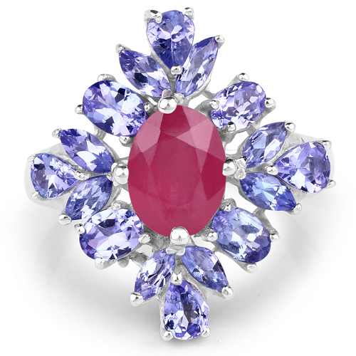 3.48 Carat Glass Filled Ruby and Tanzanite .925 Sterling Silver Ring