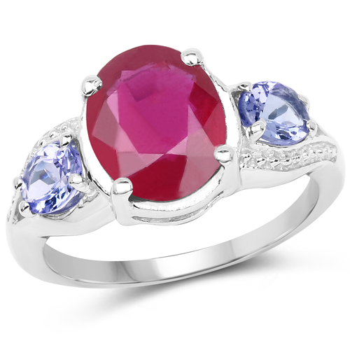 Ruby-3.76 Carat Glass Filled Ruby and Tanzanite .925 Sterling Silver Ring