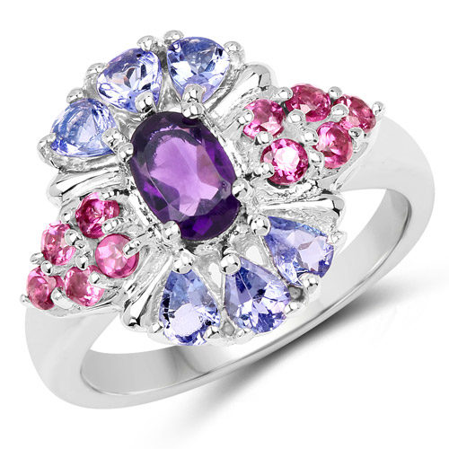 4.86 Carat Genuine Amethyst Tanzanite and White Topaz .925 Sterling Silver Ring