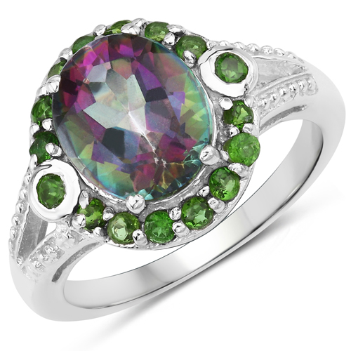 Rings-3.92 Carat Genuine Rainbow Quartz and Chrome Diopside .925 Sterling Silver Ring