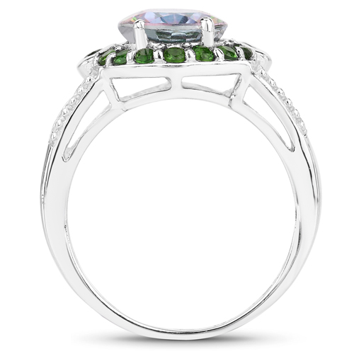 3.92 Carat Genuine Rainbow Quartz and Chrome Diopside .925 Sterling Silver Ring