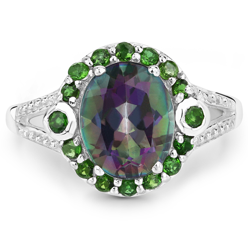 3.92 Carat Genuine Rainbow Quartz and Chrome Diopside .925 Sterling Silver Ring