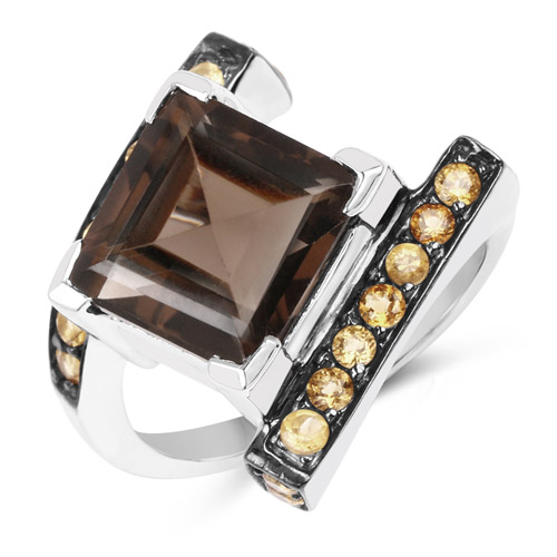Rings-6.30 Carat Genuine Smoky Quartz and Citrine .925 Sterling Silver Ring