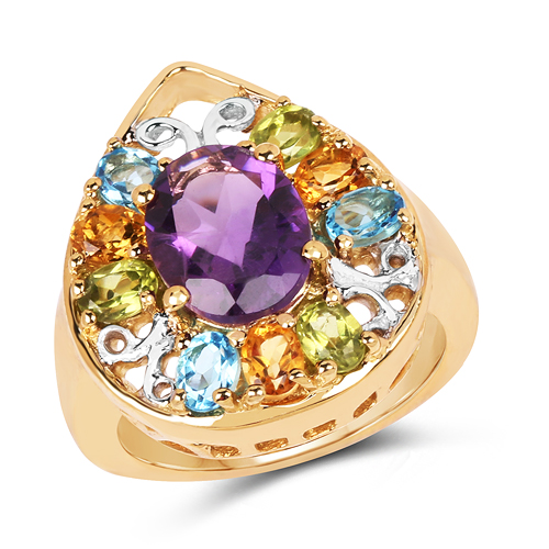 Amethyst-14K Yellow Gold Plated 3.79 Carat Genuine Multi Stone .925 Sterling Silver Ring
