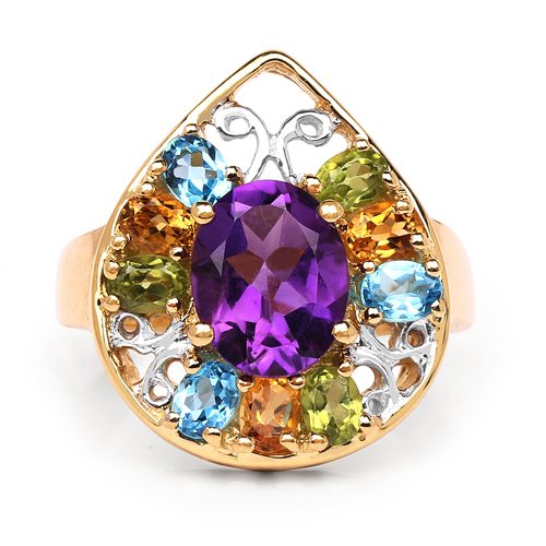 14K Yellow Gold Plated 3.79 Carat Genuine Multi Stone .925 Sterling Silver Ring