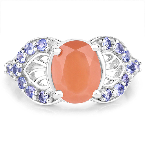 3.06 Carat Genuine Peach Moonstone and Tanzanite .925 Sterling Silver Ring