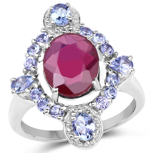 Ruby-4.14 Carat Glass Filled Ruby and Tanzanite .925 Sterling Silver Ring