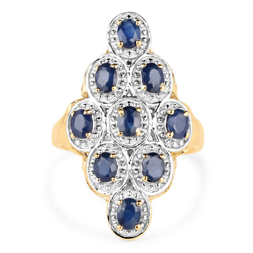 14K Yellow Gold Plated 1.98 Carat Genuine Blue Sapphire .925 Sterling Silver Ring