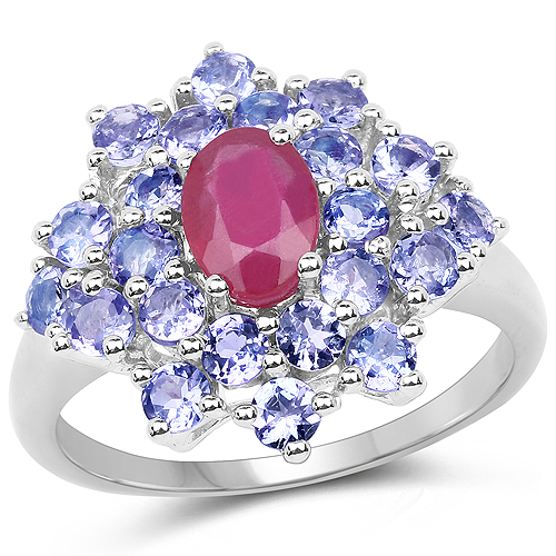 Ruby-2.54 Carat Glass Filled Ruby and Tanzanite .925 Sterling Silver Ring