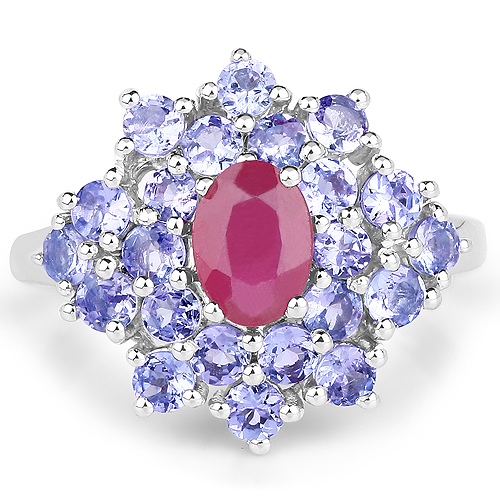 2.54 Carat Glass Filled Ruby and Tanzanite .925 Sterling Silver Ring