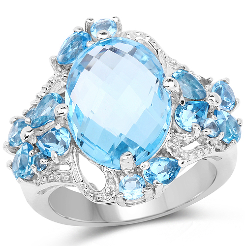 Rings-9.50 Carat Genuine Blue Topaz and Swiss Blue Topaz .925 Sterling Silver Ring