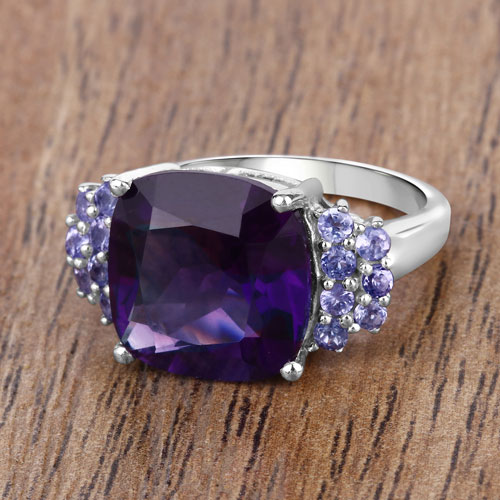 6.34 Carat Genuine Amethyst and Tanzanite .925 Sterling Silver Ring