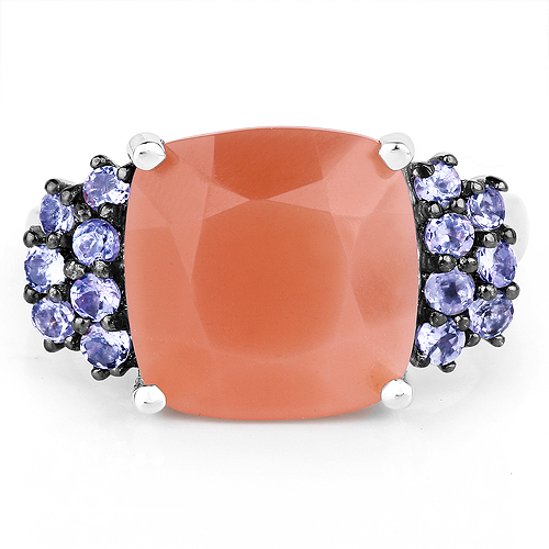 6.18 Carat Genuine Peach Moonstone and Tanzanite .925 Sterling Silver Ring