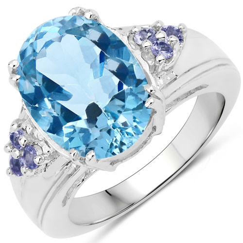 Rings-7.71 Carat Genuine Blue Topaz and Tanzanite .925 Sterling Silver Ring