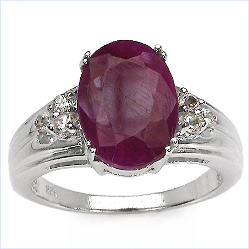 Ruby-7.44 Carat Dyed Ruby and White Topaz .925 Sterling Silver Ring