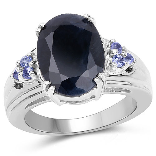 Sapphire-7.71 Carat Genuine Black Sapphire and Tanzanite .925 Sterling Silver Ring