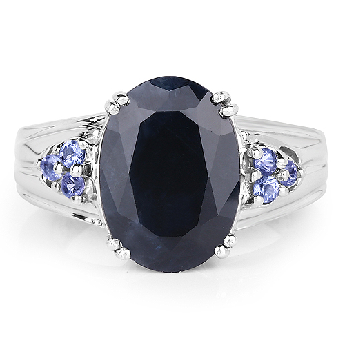 7.71 Carat Genuine Black Sapphire and Tanzanite .925 Sterling Silver Ring