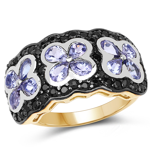 Tanzanite-14K Yellow Gold Plated 2.60 Carat Genuine Tanzanite and Black Spinel .925 Sterling Silver Ring