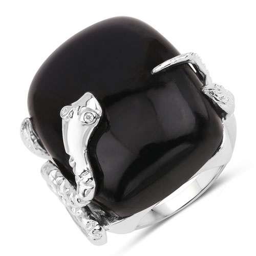 Rings-21.04 Carat Genuine Black Onyx and White Topaz .925 Sterling Silver Ring