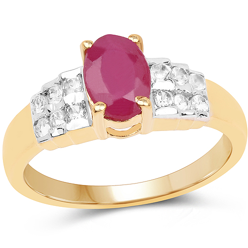 Ruby-14K Yellow Gold Plated 1.33 Carat Glass Filled Ruby and White Topaz .925 Sterling Silver Ring