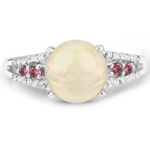 2.05 Carat Genuine Ethiopian Opal, Pink Tourmaline and White Topaz .925 Sterling Silver Ring