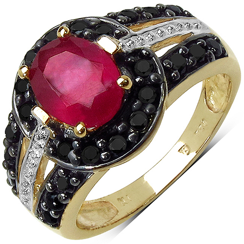 Ruby-14K Yellow Gold Plated 2.56 Carat Genuine Glass Filled Ruby & Black Spinel .925 Sterling Silver Ring