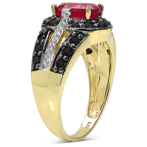 14K Yellow Gold Plated 2.56 Carat Genuine Glass Filled Ruby & Black Spinel .925 Sterling Silver Ring