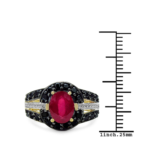 14K Yellow Gold Plated 2.56 Carat Genuine Glass Filled Ruby & Black Spinel .925 Sterling Silver Ring