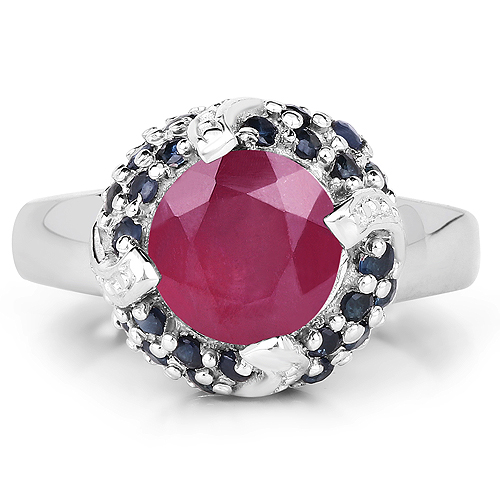 3.70 Carat Glass Filled Ruby and Blue Sapphire .925 Sterling Silver Ring
